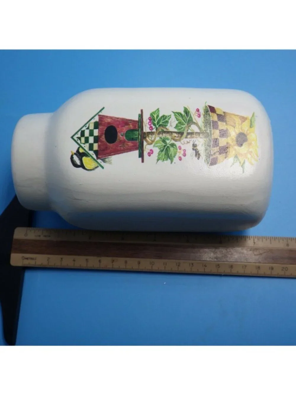 Hand Painted Ceramic Vase Birdhouse Garden Design Cottage Farmhouse Milk White